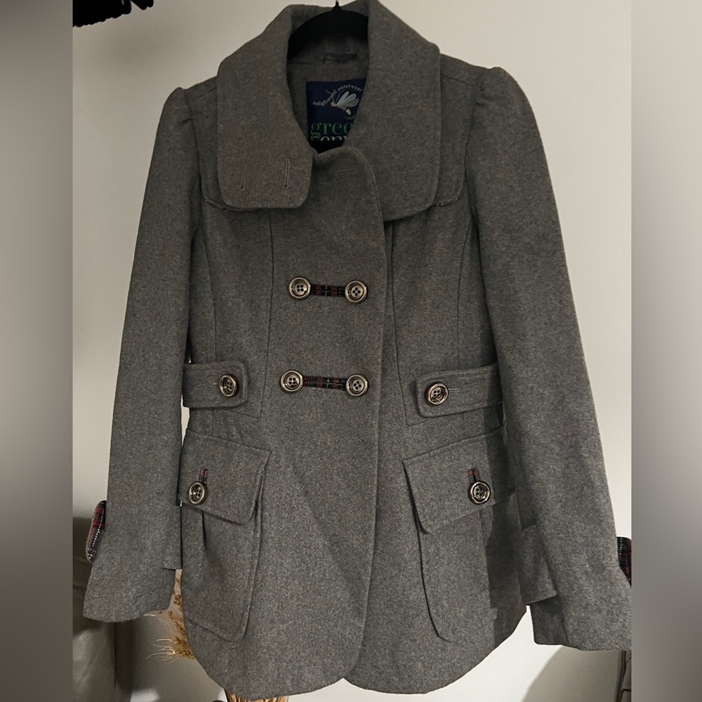 Gray Double-Breasted Pea Coat with Button Detail